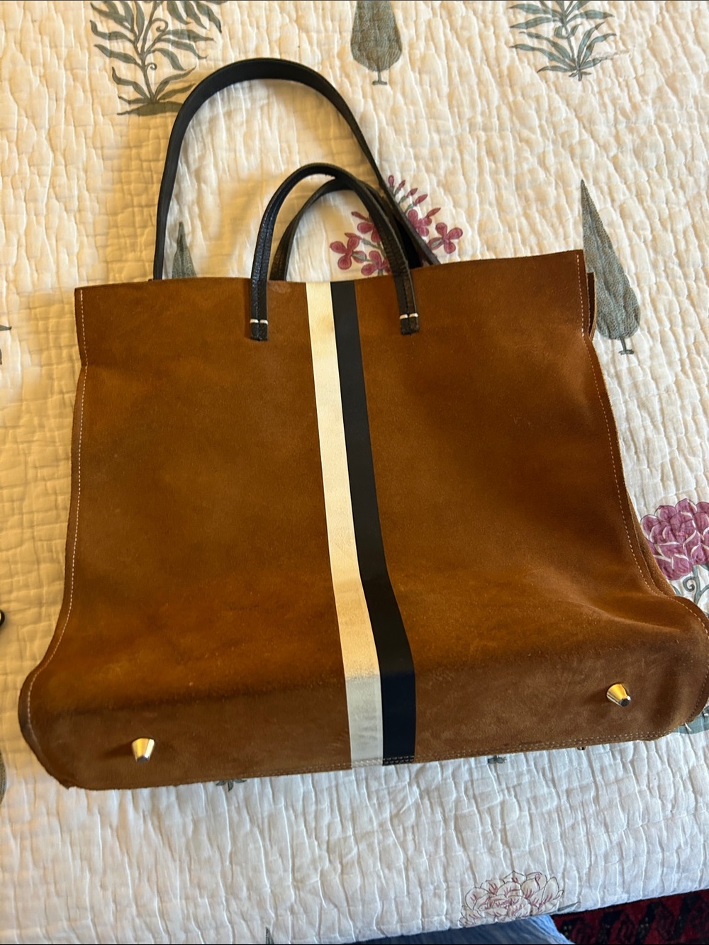 Clare V Brown Suede Tote with Black and White Racing Stripe